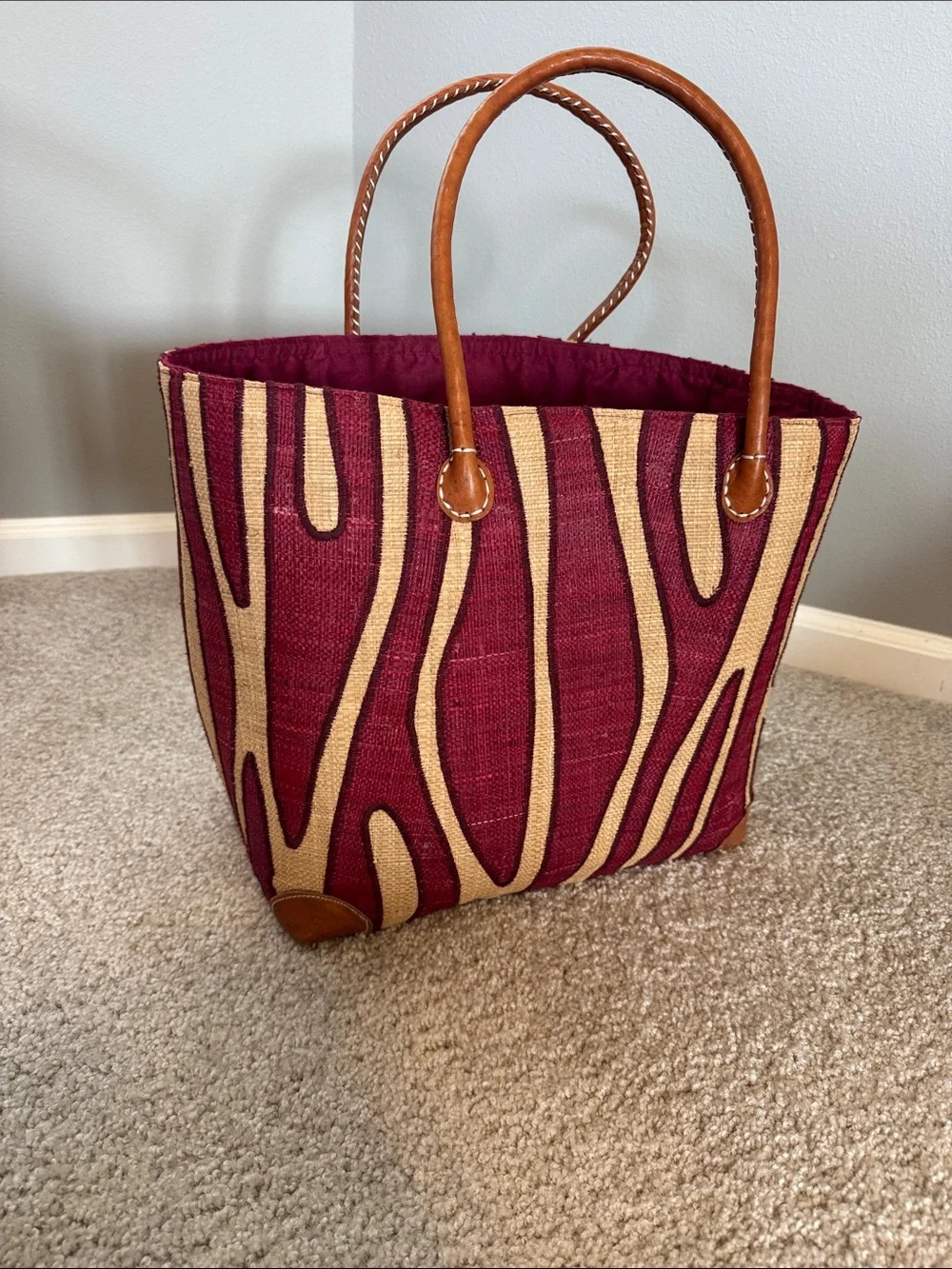Woven Stripe Tote Bag in Burgundy and Tan